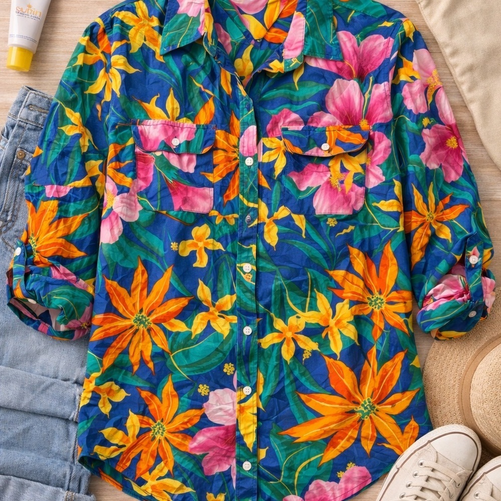 Tommy Hilfiger Tropical Floral Button Up Shirt Size 14